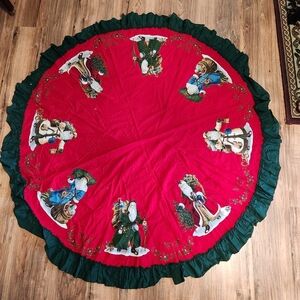 Vintage Father Christmas Santa Tree Skirt Round Tablecloth 90s Classic Red 58"